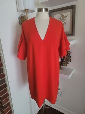 Zara Bright Red V-Neck Ruffle Sleeve Tunic Dress